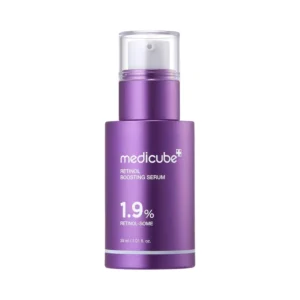 Front view of a metallic purple bottle with a clear cap for Medicube Retinol Boosting Serum 1.9% Retinol-Some.