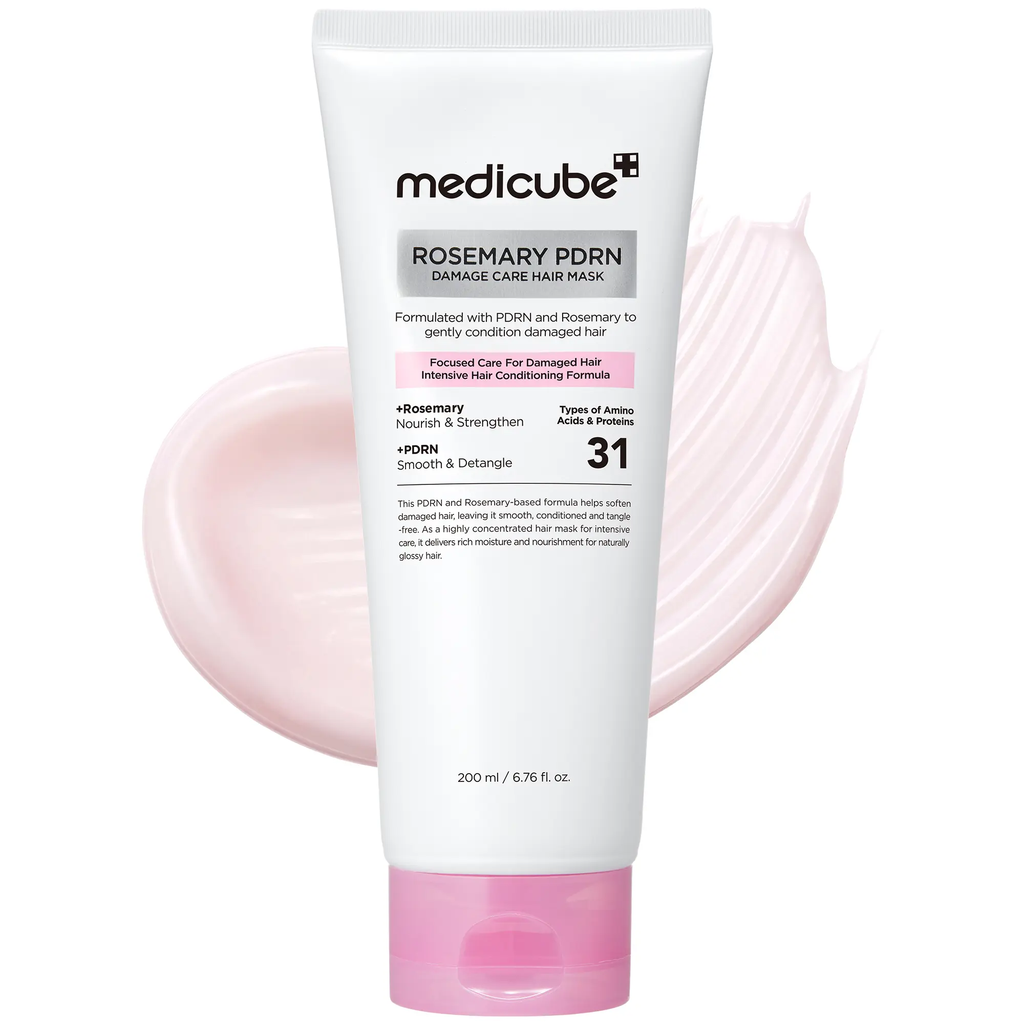 Front view of a white tube of Medicube Rosemary PDRN Damage Care Hair Mask set against a light pink cream texture swatch.