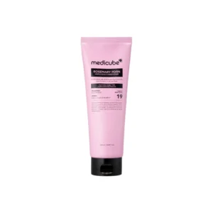 Front view of a pastel pink squeeze tube of Medicube Rosemary PDRN Hair & Scalp Conditioner.