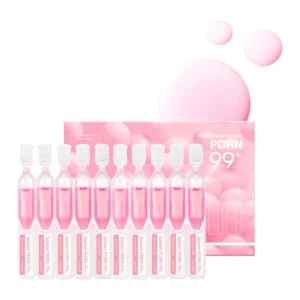 Lineup of 10 single-use pink ampoules of Medicube Salmon PDRN 99% Serum shown with the matching pink packaging box.