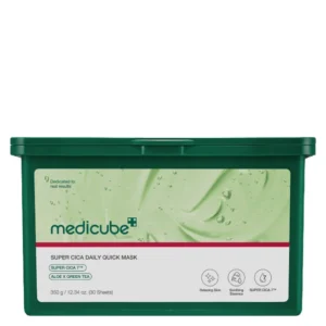 Front view of a dark green medicube cica daily sheet mask box.