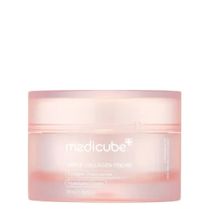 Front view of a translucent pastel pink jar of Medicube Triple Collagen Cream on a plain white background.