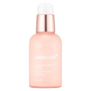 Front view of a pastel pink frosted glass pump bottle of Medicube Triple Collagen Serum with a metallic rose gold neck and translucent white cap