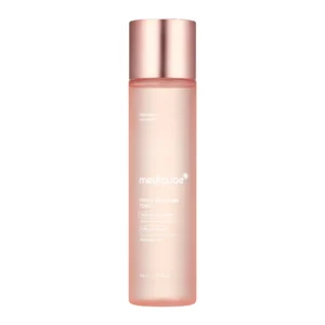 Front view of Medicube Triple Collagen Toner in a frosted pink-tinted bottle with a metallic rose gold cap.