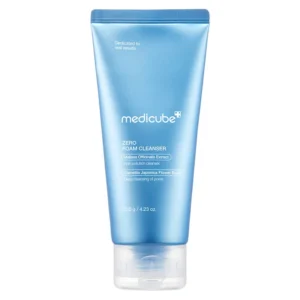 A blue metallic squeeze tube of Medicube Zero Foam Cleanser isolated on a white background.