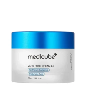 Front view of a white jar of Medicube Zero Pore Cream 2.0 topped with a bright metallic blue cap.