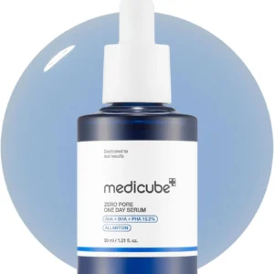 Front view of a dark blue glass bottle of Medicube Zero Pore One Day Serum with a white dropper cap.