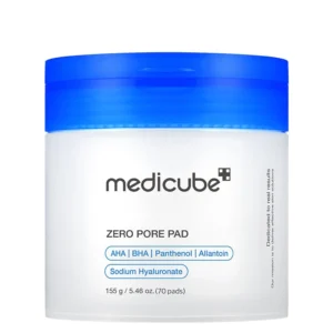 Front view of a white plastic tub of Medicube Zero Pore Pad featuring a royal blue lid.