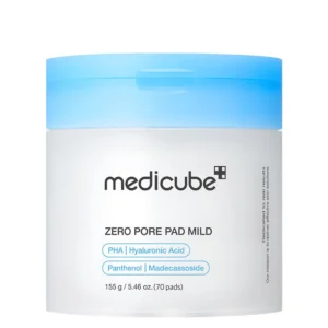 Front view of a white tub of Medicube Zero Pore Pad Mild featuring a light pastel blue lid.