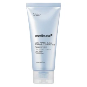 Front view of a pale light-blue squeeze tube of Medicube Zero Pore SA Clear Capsule Cleansing Foam with a clear flip-cap.