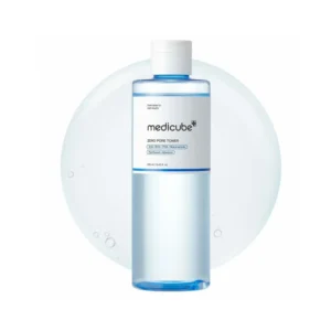 Translucent blue bottle with a white cap for Medicube Zero Pore Toner set against a clear liquid swatch background.