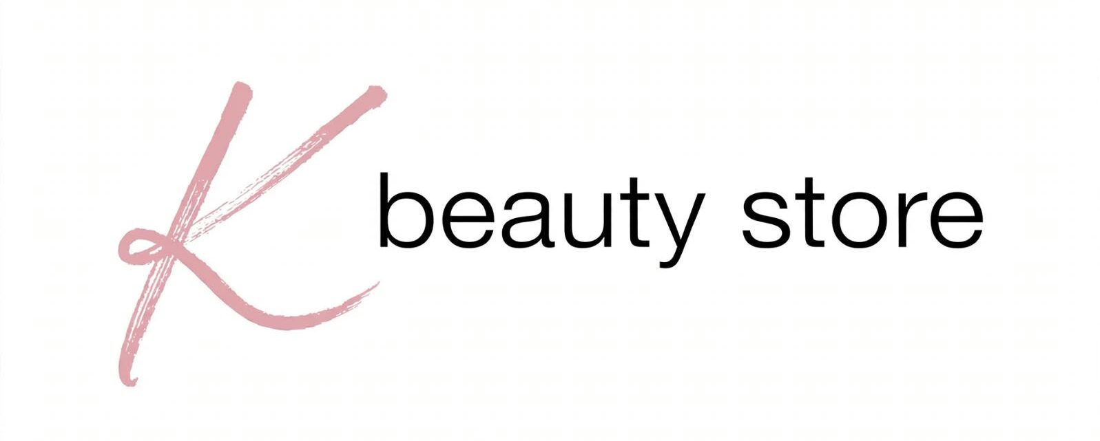 Minimalist logo for K-Beauty Store featuring a black letter K seamlessly integrated with a woman's side profile, pink hair sweep, and pink leaf accents above serif typography.